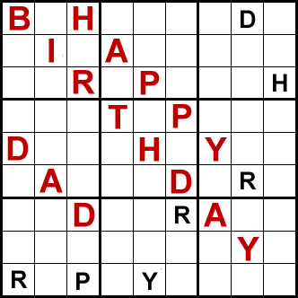 Sudoku Puzzle spelling Happy Birthday